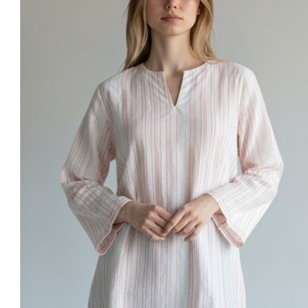 UNTUCKit Durfort Tunic Top Womens 2 White Coral Striped Cotton‎ Split Neck NWT